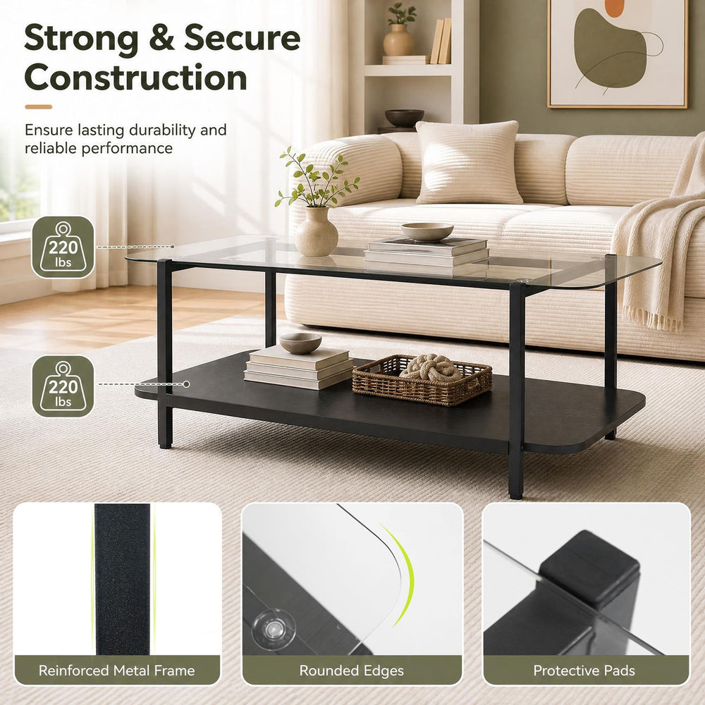 2-tier black coffee table with tempered glass top and storage shelf, featuring a reinforced metal frame for stability.