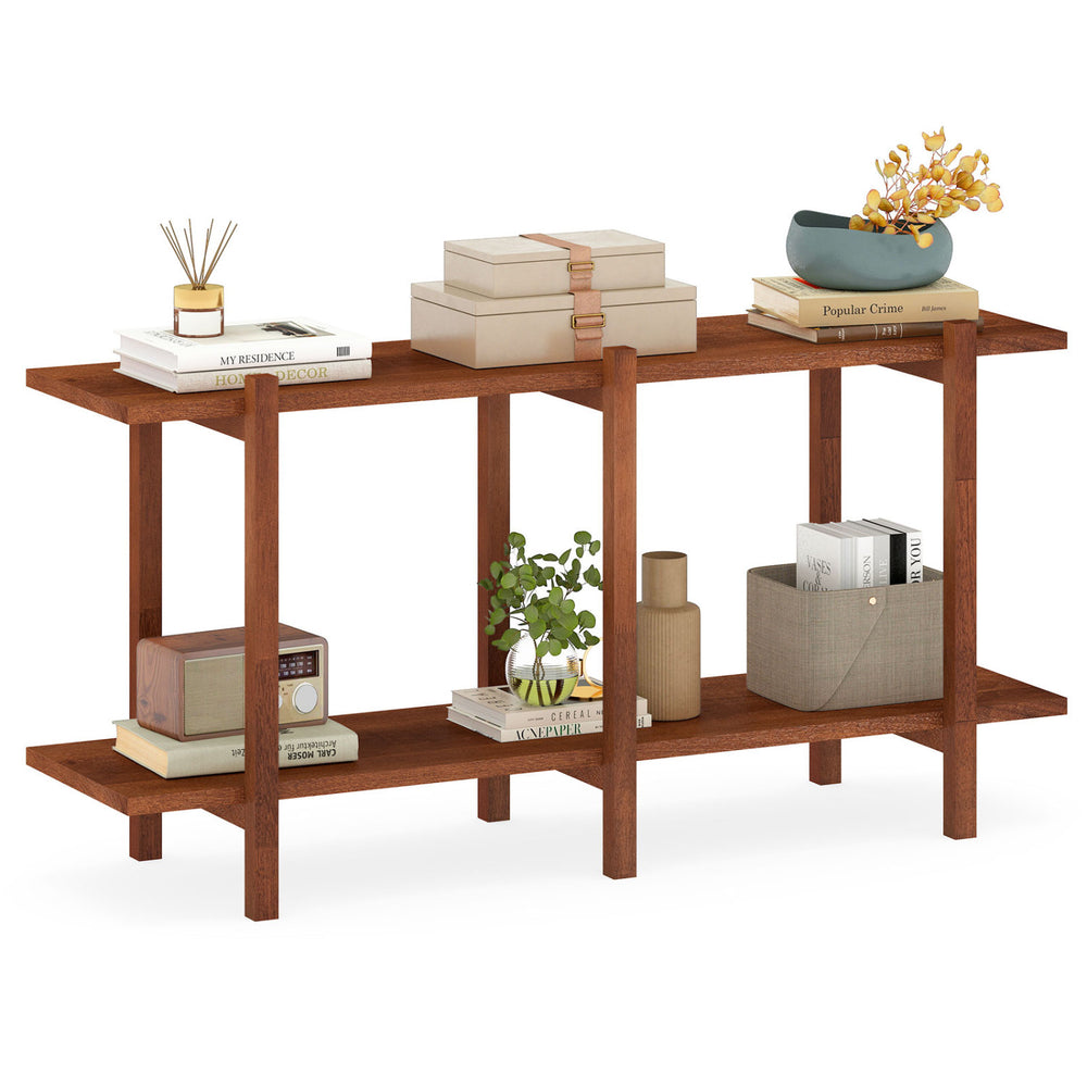 Low horizontal 2-tier walnut wood bookshelf with solid rubberwood legs, perfect for displaying books and decor in any.