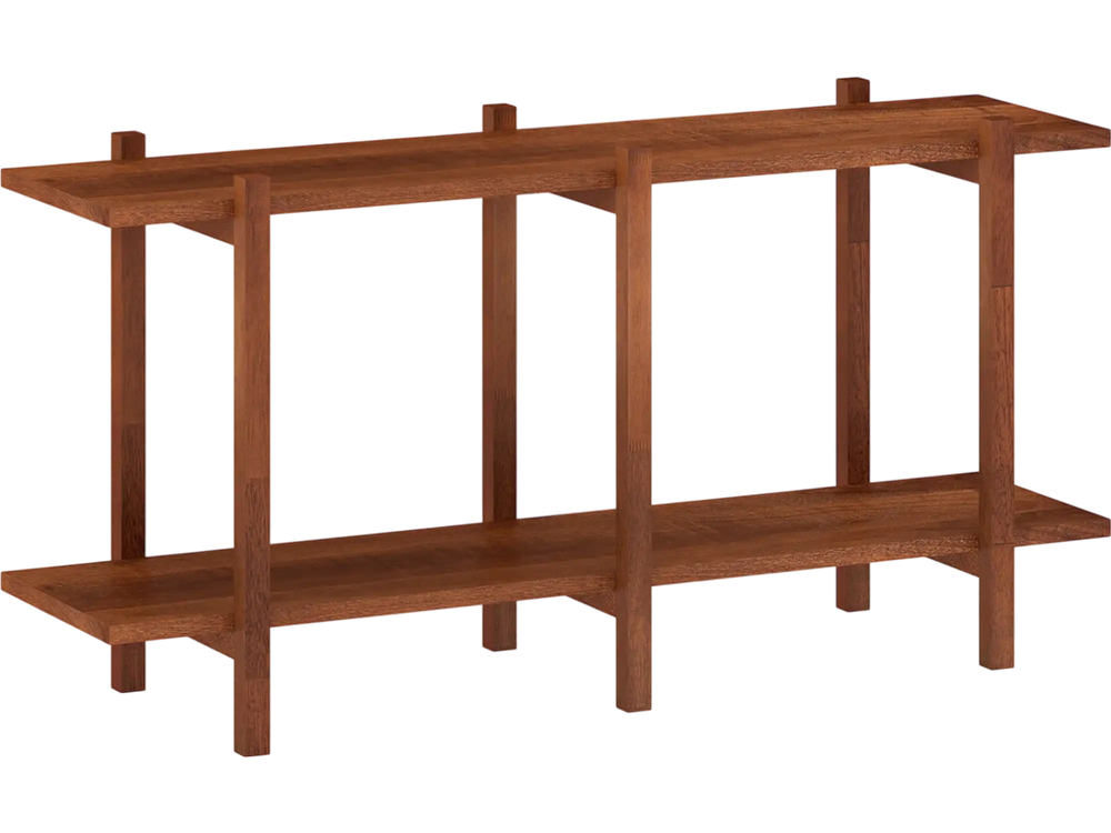 Low horizontal 2-tier bookshelf in walnut, made of rubberwood with sturdy MDF shelves for elegant display and storage.