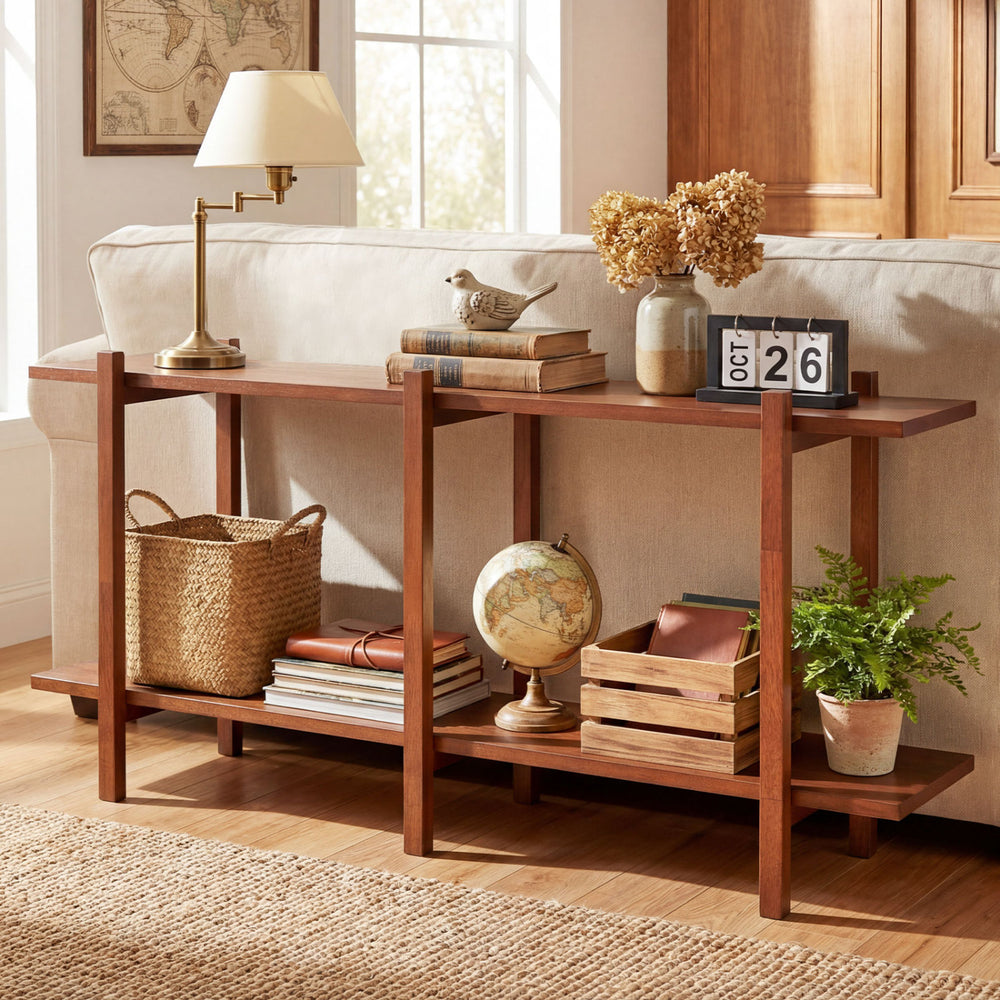 Low horizontal 2-tier wood bookshelf in walnut, featuring sturdy rubberwood legs and smooth MDF shelves for elegant.