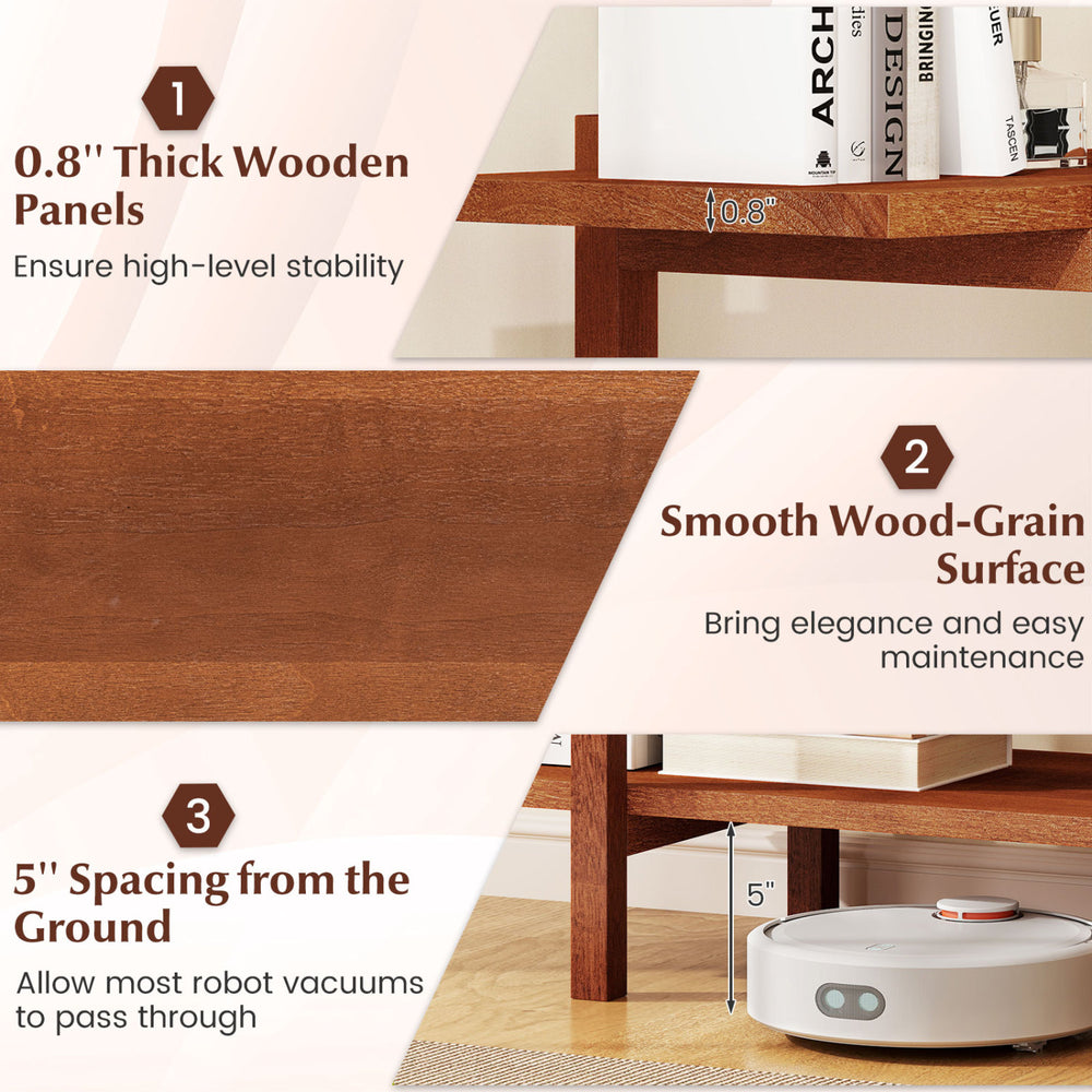 Close-up of the 2-tier rubberwood bookshelf showcasing the smooth wood-grain surface and 5" clearance for robot vacuums.