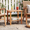 Natural eucalyptus wood 2-tier patio end table with slatted tabletop and storage shelf for outdoor or indoor use.