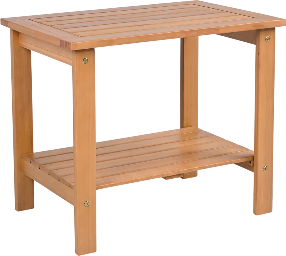 Natural eucalyptus wood 2-tier patio end table with slatted tabletop and storage shelf for outdoor and indoor use.