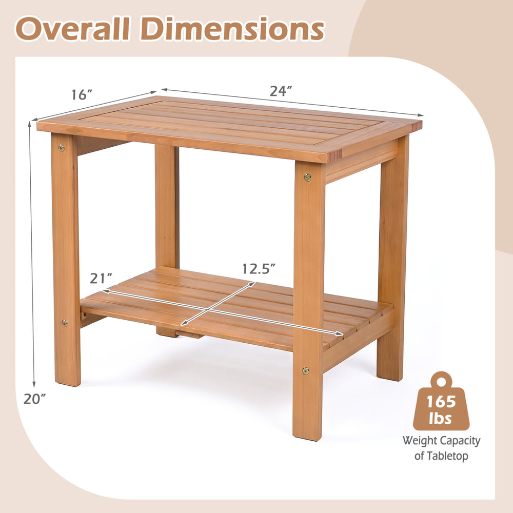 2-tier wood patio end table with slatted tabletop and storage shelf, made of natural eucalyptus for indoor and outdoor use.