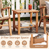 Natural eucalyptus wood 2-tier patio end table with slatted tabletop and storage shelf for outdoor organization.