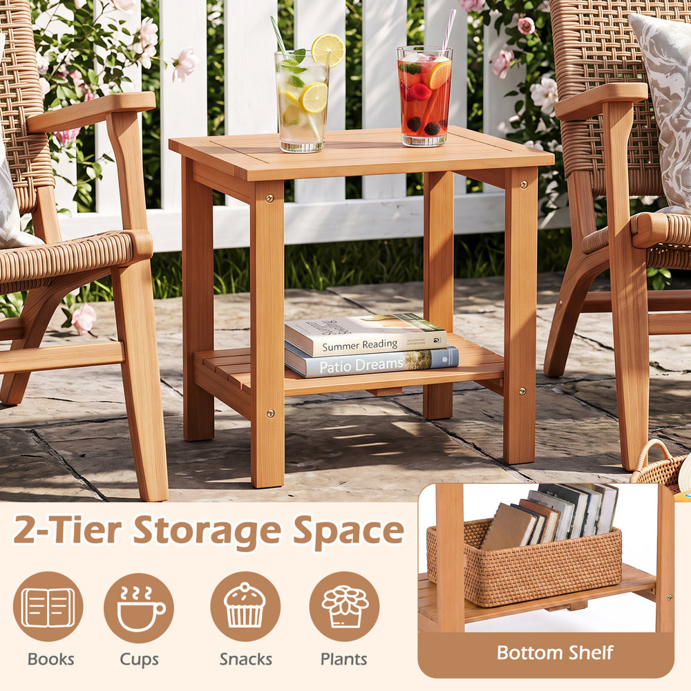 Natural eucalyptus wood 2-tier patio end table with slatted tabletop and storage shelf for outdoor organization.