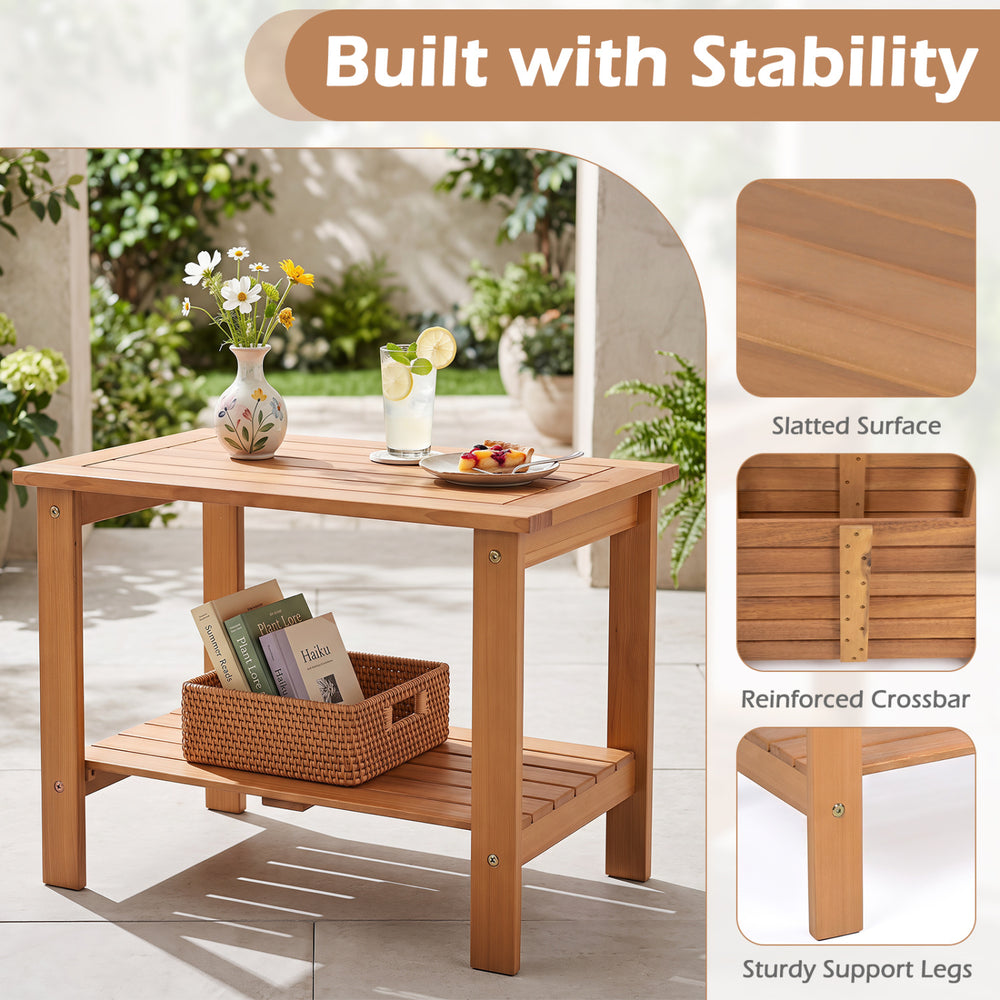 2-tier wood patio end table features a slatted tabletop and storage shelf, perfect for backyard or poolside use.