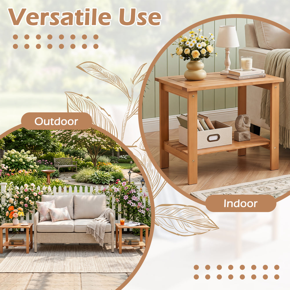 2-tier wood patio end table with slatted tabletop and storage shelf, perfect for indoor and outdoor use in any setting.