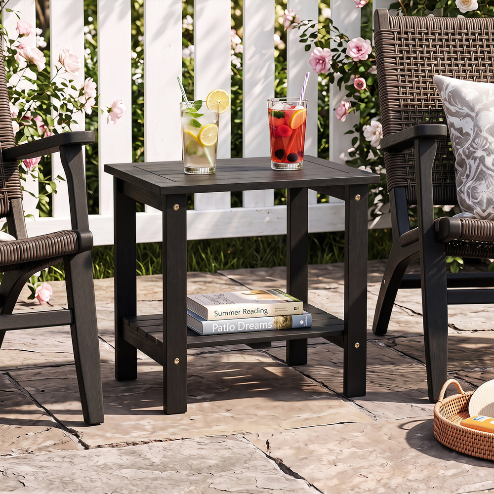 2-Tier Wood Patio End Table with Slatted Tabletop and Storage Shelf for Backyard-Black - Gallery View 1 of 9