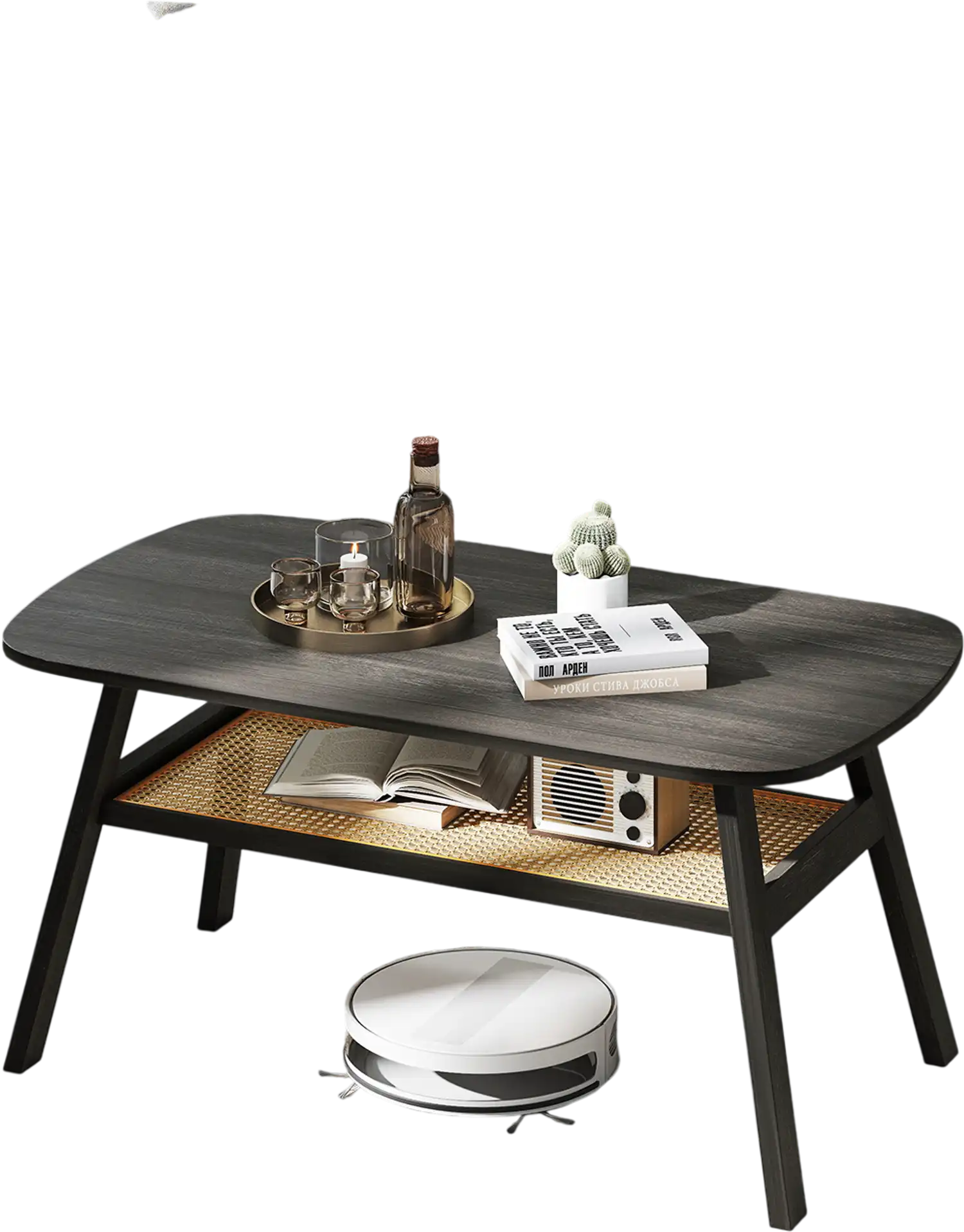 Costway 2-Tier Rectangular Coffee Table w/ Rattan Storage Shelf Rubber Wood Legs Dark Gray 284973561 New