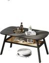 Rectangular coffee table with dark gray wood surface, rattan storage shelf, and rubber wood legs for stylish living.