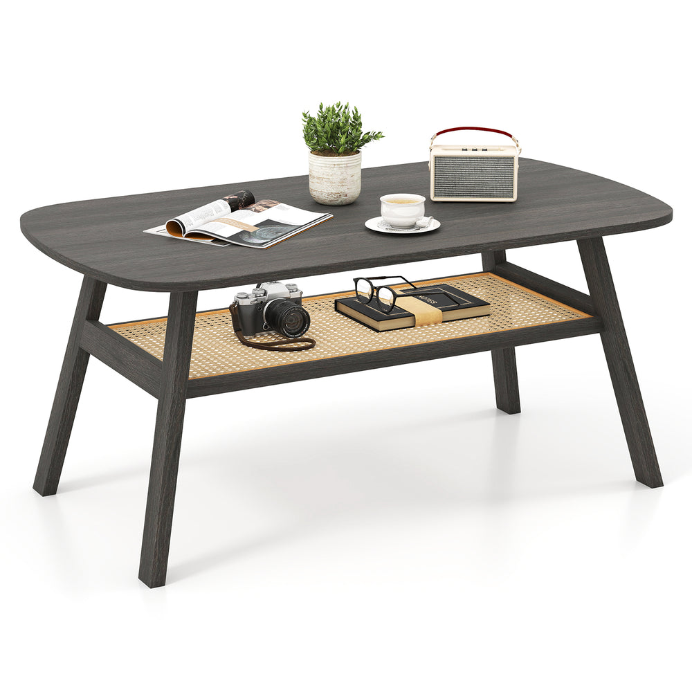 Rectangular dark gray coffee table with rattan storage shelf, rubber wood legs, and a warm wood-grain surface for.