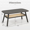 2-tier rectangular coffee table in dark gray with rattan shelf, rubber wood legs, and dimensions for easy placement.