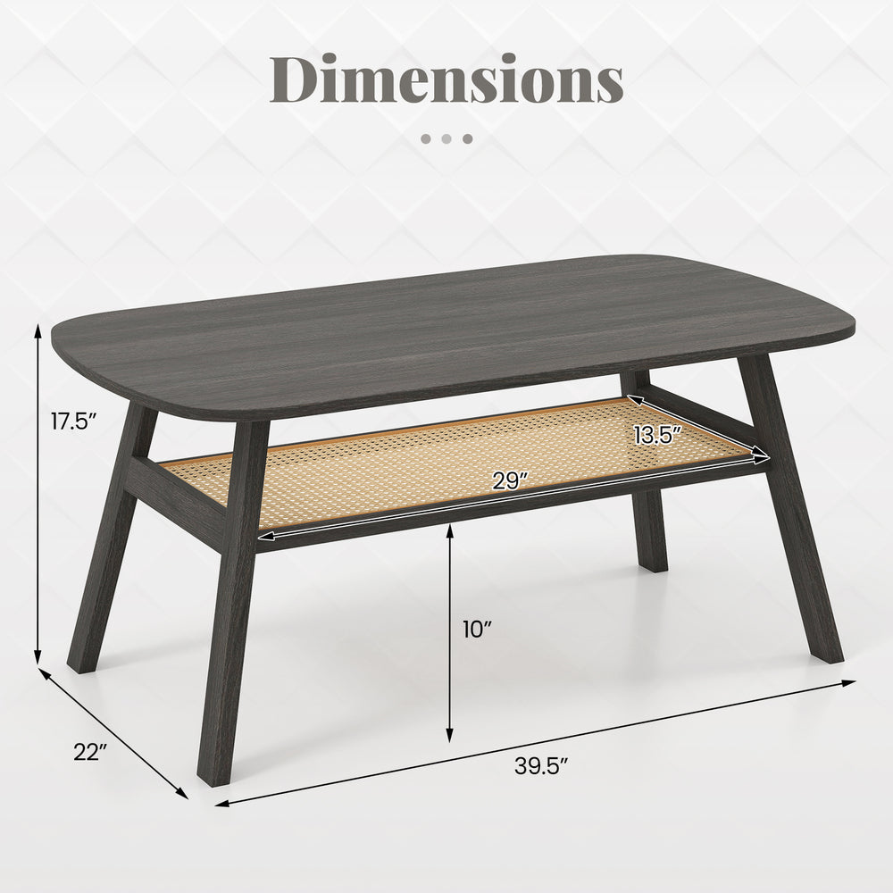 2-tier rectangular coffee table in dark gray with rattan shelf, rubber wood legs, and dimensions for easy placement.