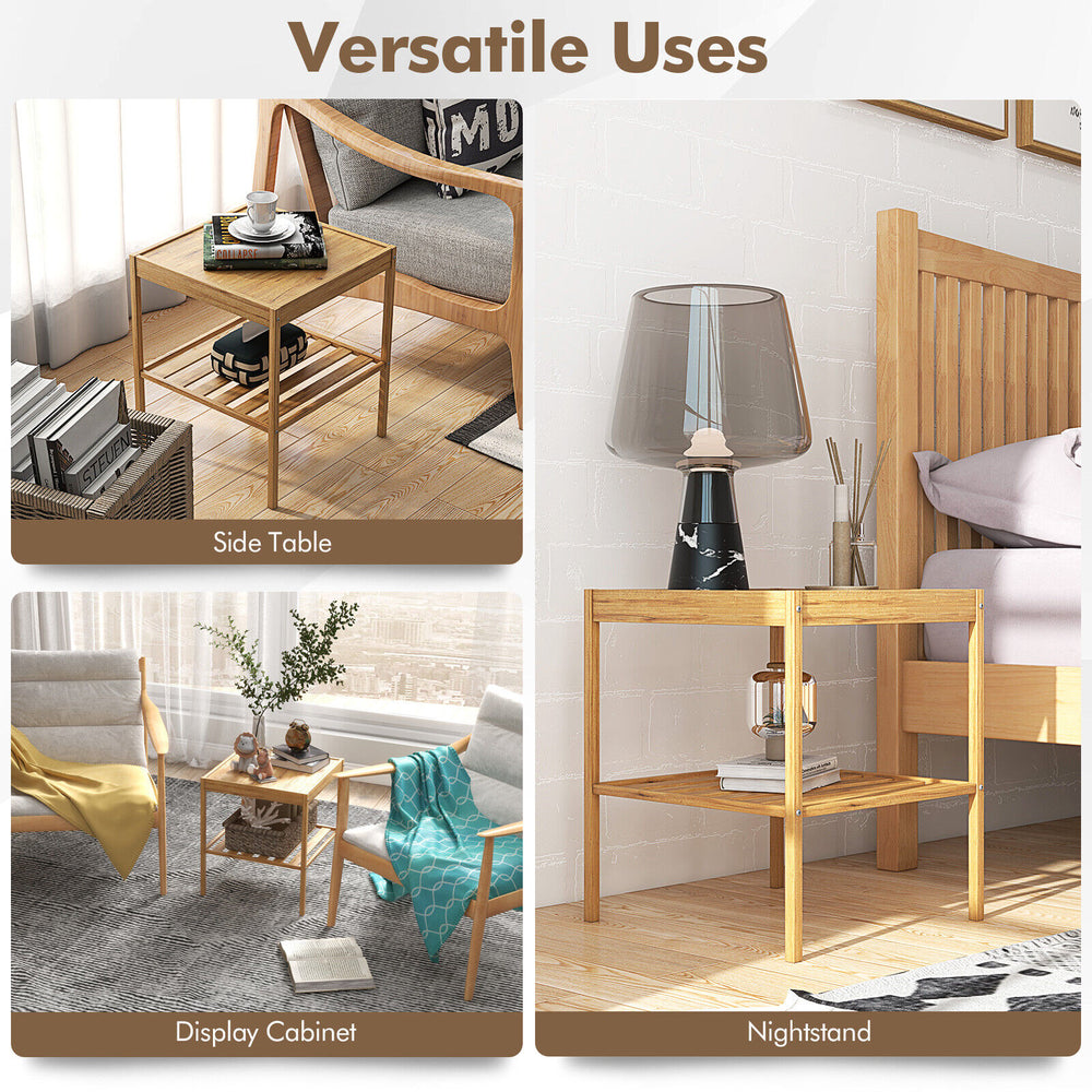 Bamboo nightstand set featuring two tiers, waterproof surface, and versatile use as a side table or display cabinet.