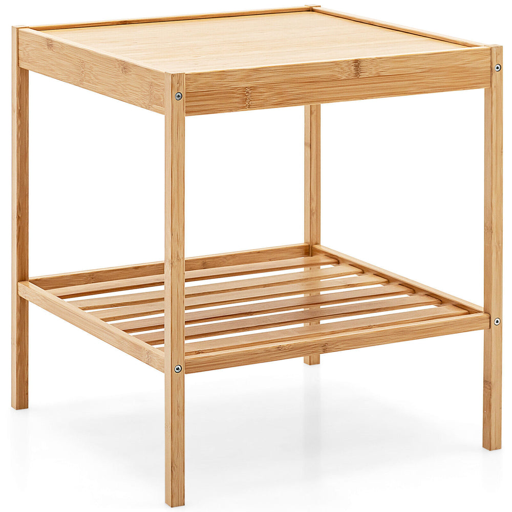 Bamboo nightstand with open shelves, waterproof surface, and 110lbs capacity, perfect for small spaces and versatile.