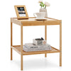 Bamboo nightstand with two tiers, featuring a waterproof surface and ample storage for bedroom or living room use.
