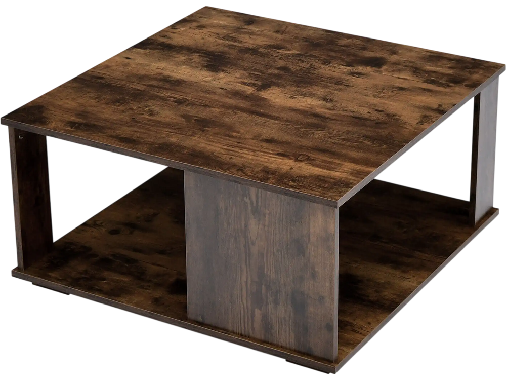 Square rustic brown coffee table with two tiers and storage, featuring non-slip foot pads for stability and protection.