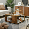 Square rustic brown coffee table with two tiers, storage space, and non-slip foot pads for living room or home office.