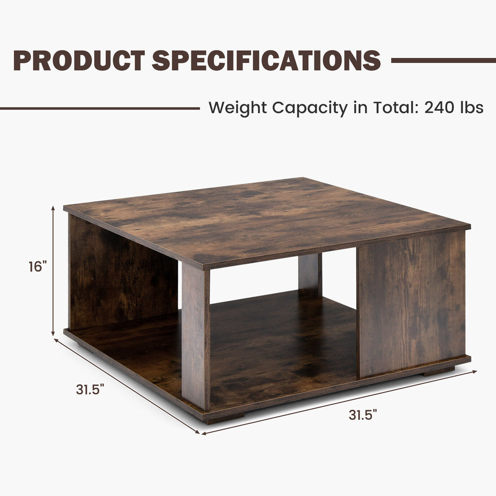 Square coffee table in rustic brown with 2 tiers, sturdy E0 grade board, and non-slip foot pads for versatile use.