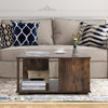 Rustic brown 2-tier square coffee table with storage, non-slip foot pads, ideal for living room or home office use.