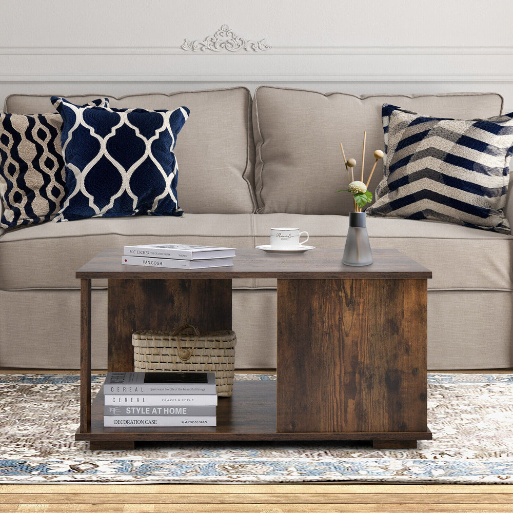 Rustic brown 2-tier square coffee table with storage, non-slip foot pads, ideal for living room or home office use.