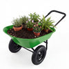Heavy-duty light green wheelbarrow garden cart with plants, featuring a steel frame and 13-inch pneumatic tires.
