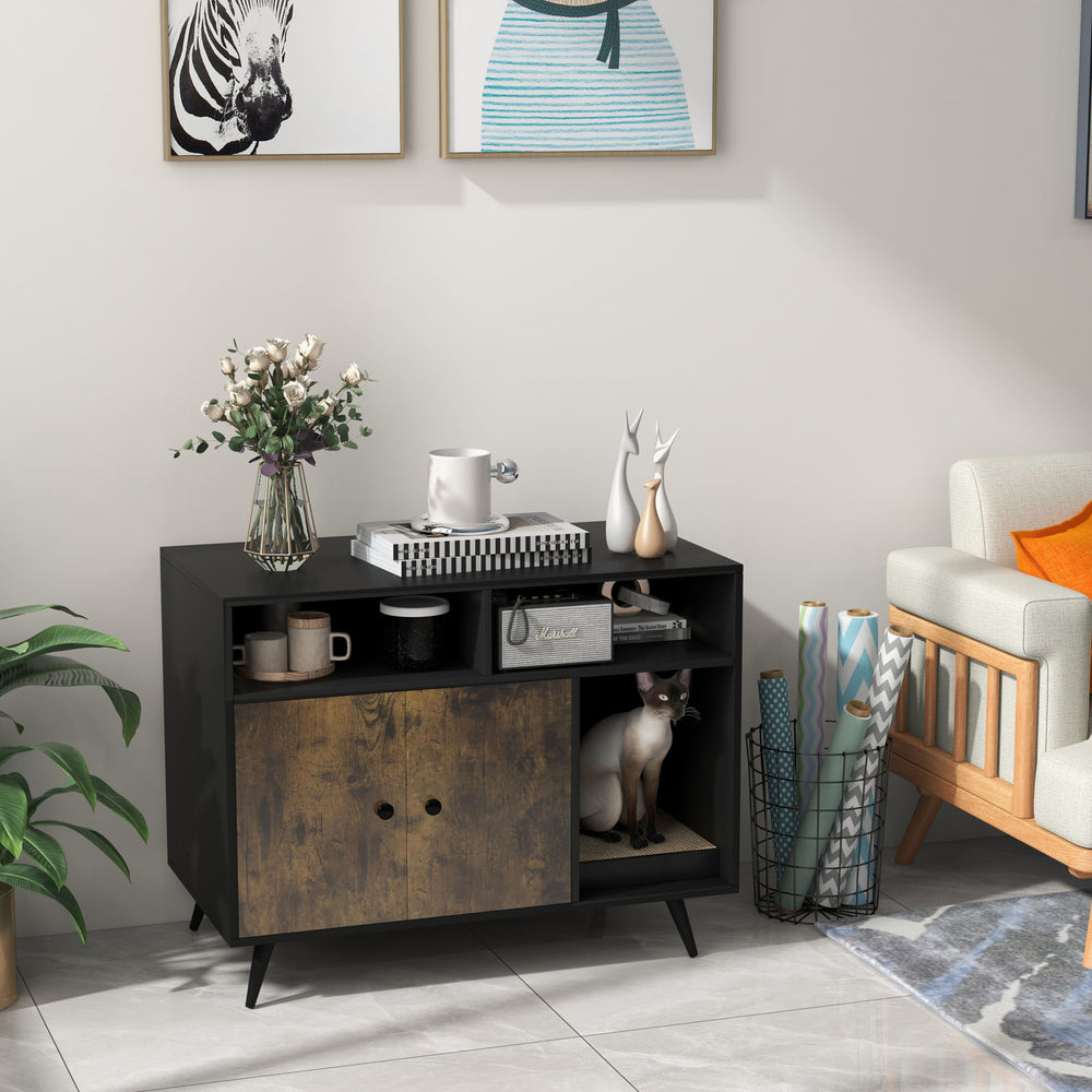 Cat litter box enclosure with storage compartments, featuring a stylish design and wide tabletop for decorations.