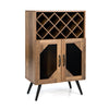 Farmhouse kitchen storage bar cabinet in rustic brown featuring raised metal legs and anti-slip foot pads for stability.