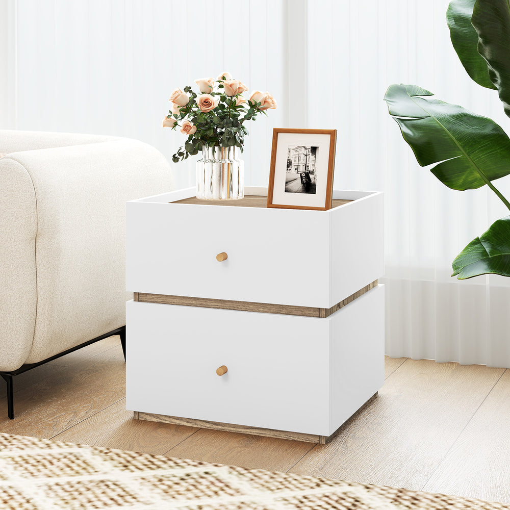 Modern 2-drawer nightstand in white with wood grain accents, perfect for bedroom or living room storage.