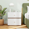 2-drawer modern nightstand with a sleek white finish and wood grain, designed for easy access to bedtime essentials.