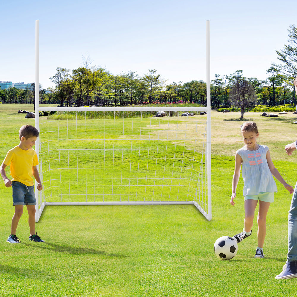 Children playing soccer with a 2 in 1 all-weather football goal in a park, featuring sturdy UPVC pipes and a secure net.