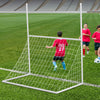 2 in 1 all-weather football training goal with sturdy UPVC pipes, set up on a grass field for soccer practice.