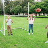 Children playing with a 2 in 1 all-weather football training goal in a park, suitable for soccer and football training.