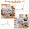 2-in-1 baby bassinet in grey with breathable mesh, convertible design, and foldable feet for rocking or stationary use.