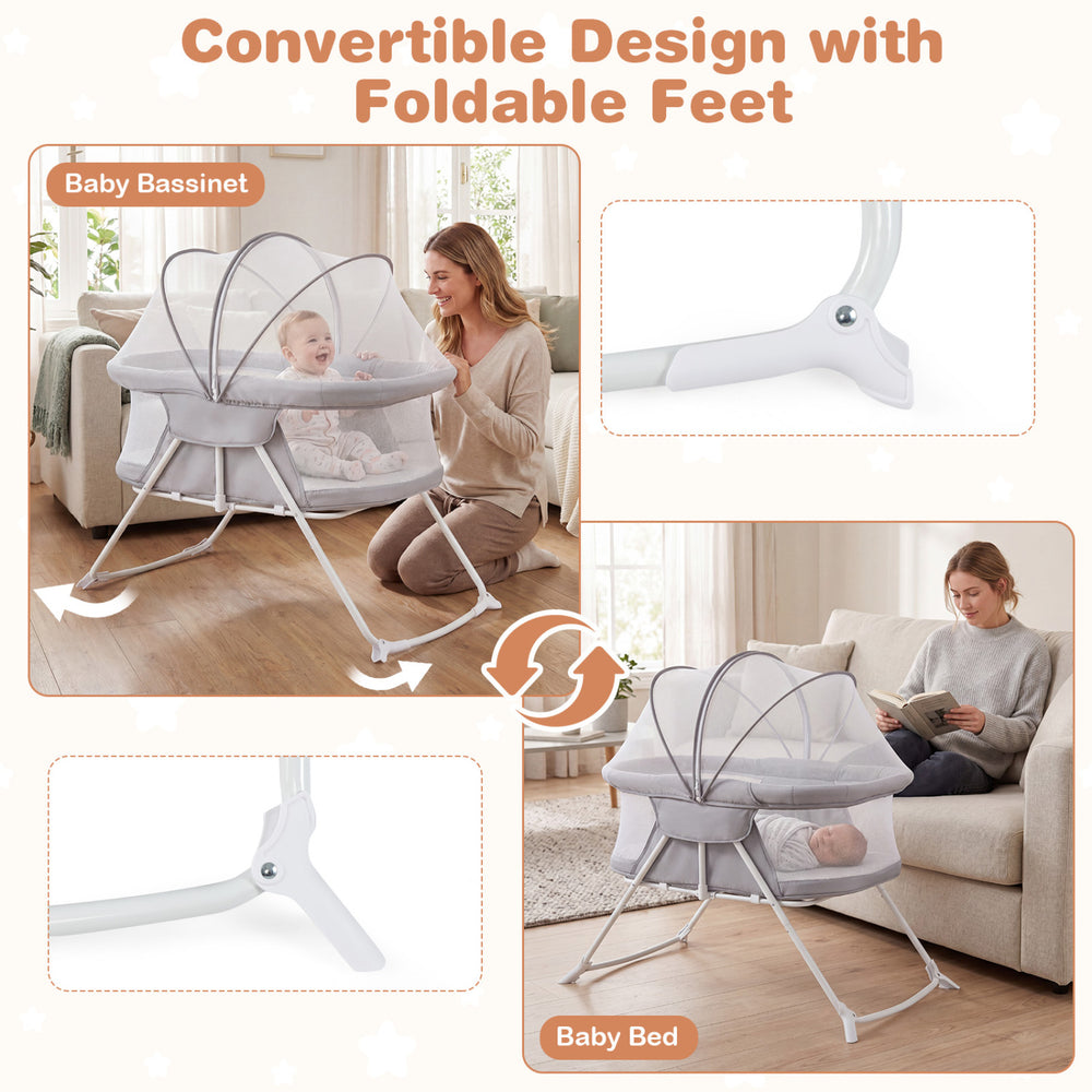 2-in-1 baby bassinet in grey with breathable mesh, convertible design, and foldable feet for rocking or stationary use.