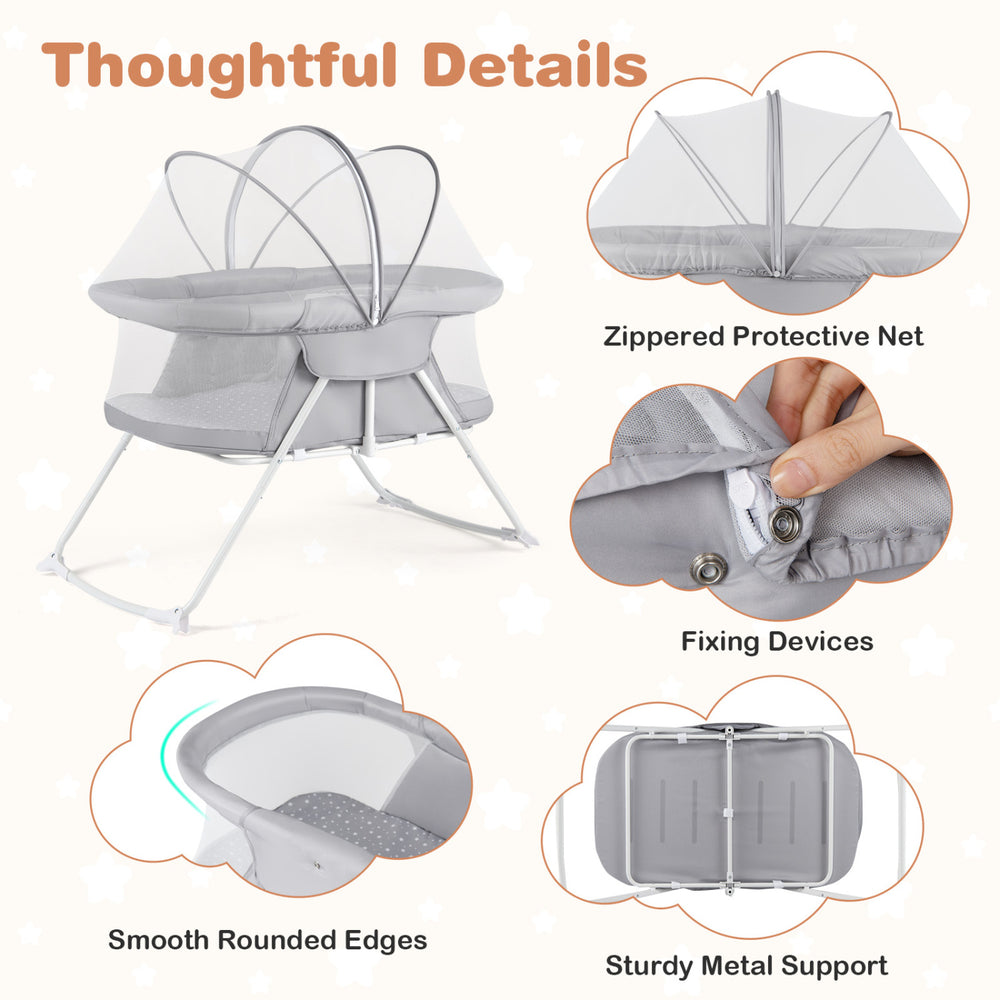 Zippered protective net and sturdy metal support of the 2-in-1 baby bassinet in grey, designed for safety and comfort.