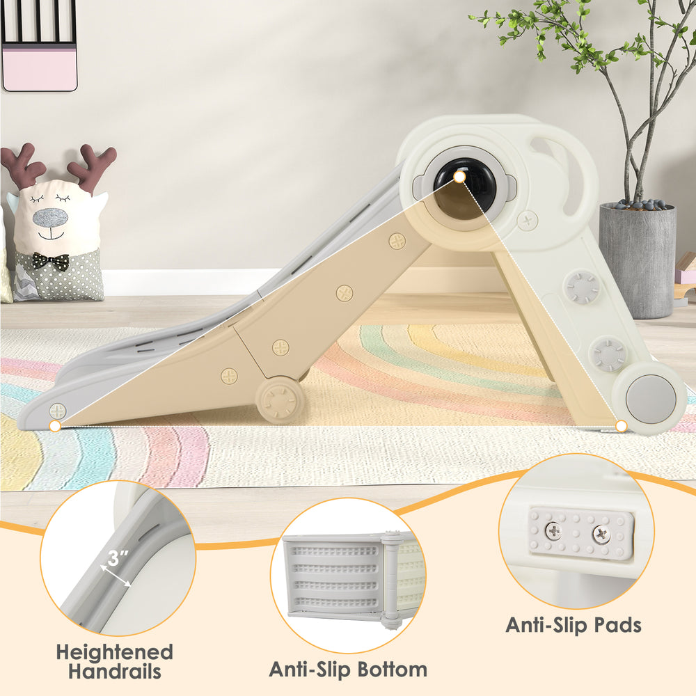 Toddler slide with climber in gray, featuring anti-slip pads, heightened handrails, and foldable design for safe play.