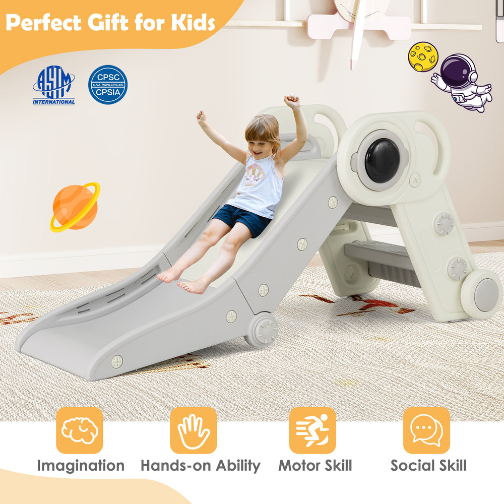 Toddler slide and climber in gray with astronaut design, featuring safety guardrails and foldable design for easy.