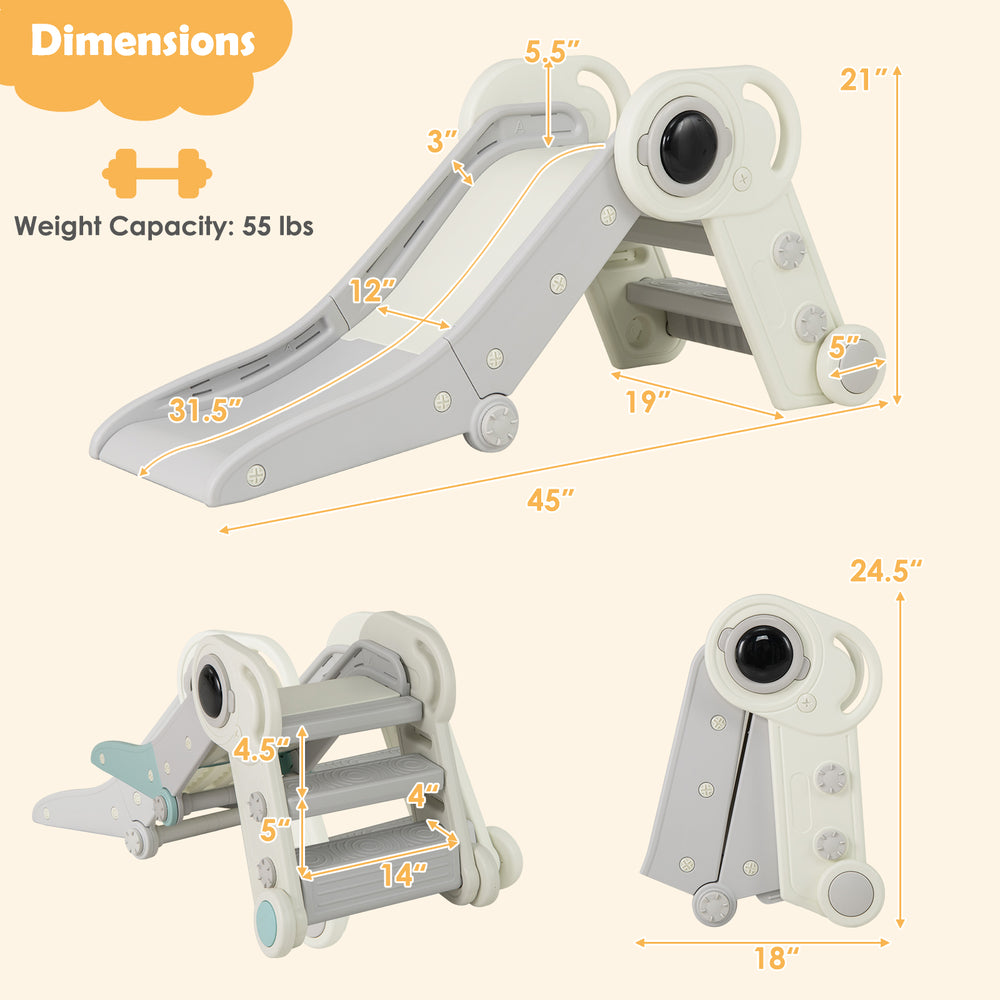 2 in 1 baby slide with climber in gray, featuring safety guardrails and foldable design for toddlers aged 18+ months.
