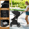 2-in-1 baby stroller in black with adjustable canopy, 5-point safety harness, and large storage basket for convenience.