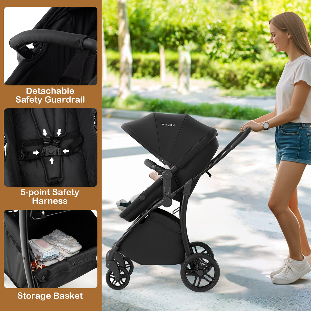 2-in-1 baby stroller in black with adjustable canopy, 5-point safety harness, and large storage basket for convenience.