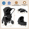 2-in-1 baby stroller in black with bassinet mode, adjustable canopy, and reversible seat for easy transport and storage.