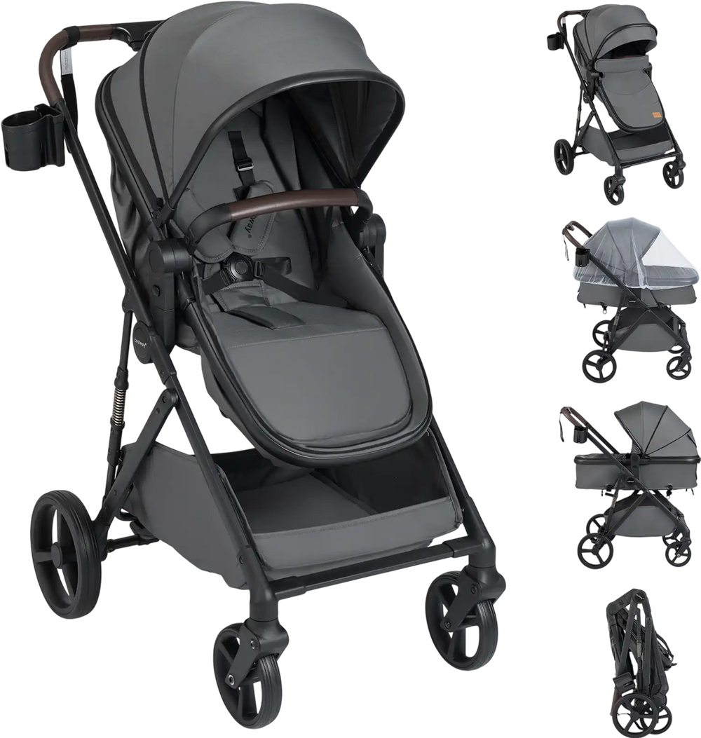 2 in 1 baby stroller in gray with bassinet mode, adjustable canopy, and all-terrain wheels for smooth rides.