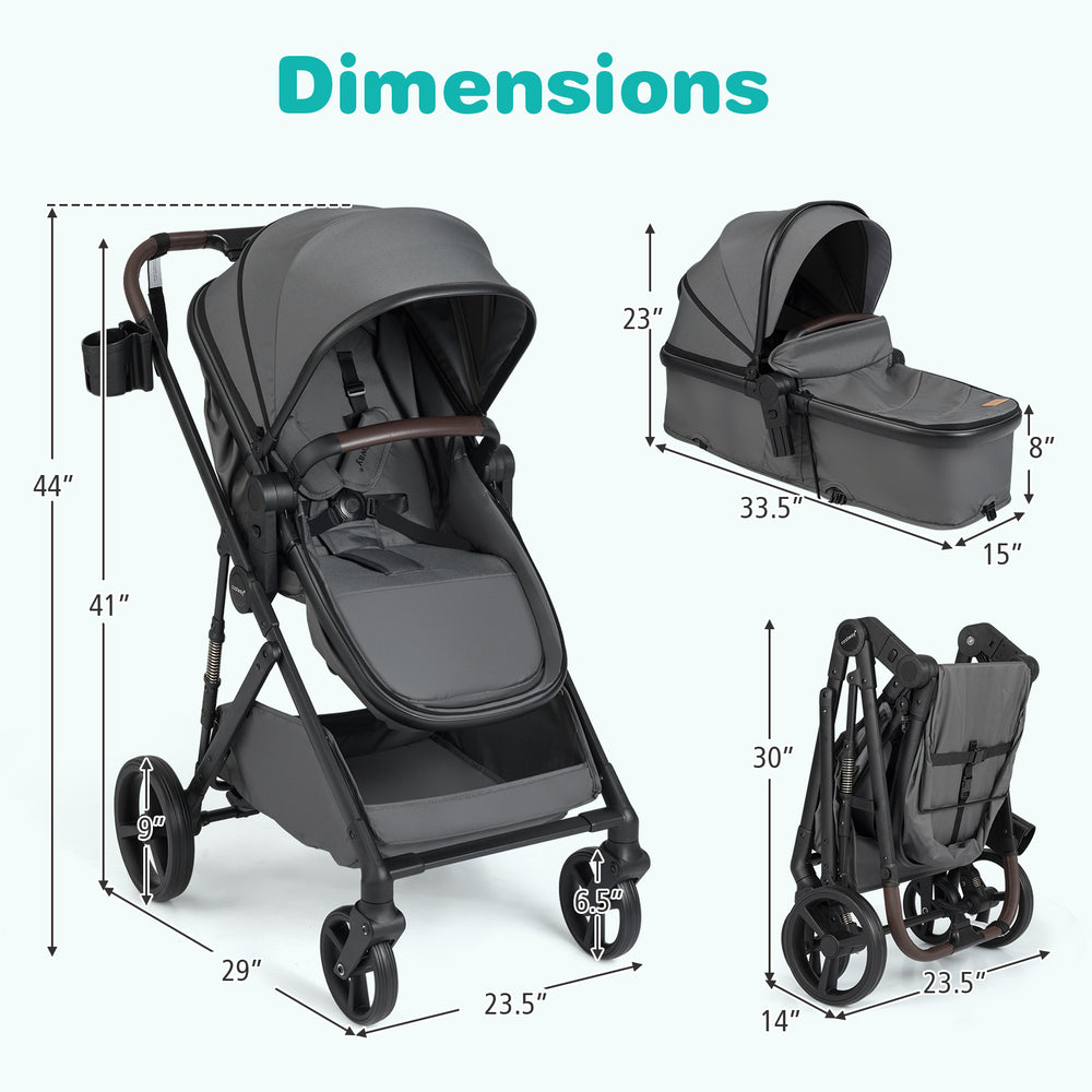 2 in 1 baby stroller in gray with bassinet mode, adjustable canopy, and all-terrain wheels for versatile outdoor use.