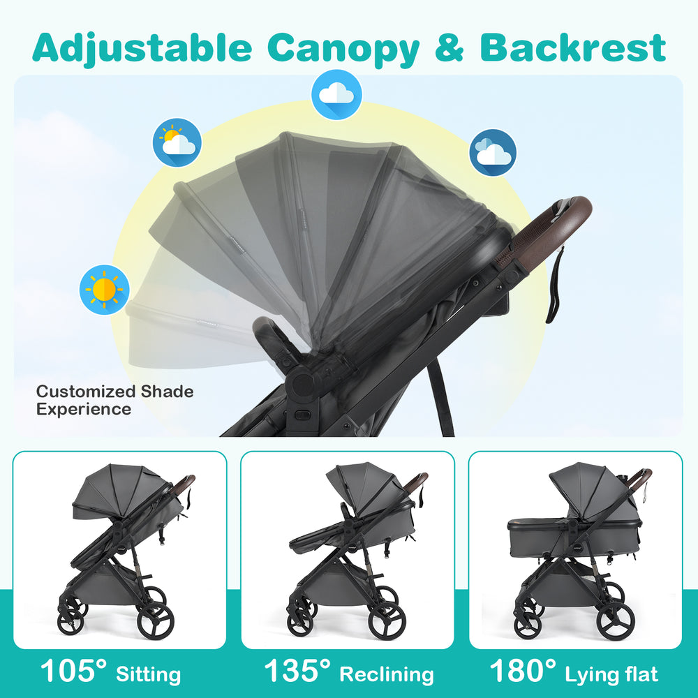 Adjustable backrest and canopy of the 2 in 1 baby stroller in gray, designed for comfort and customized shade.