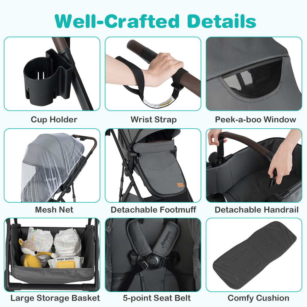 Detachable handrail and cup holder of the 2 in 1 Baby Stroller in gray, designed for comfort and safety.