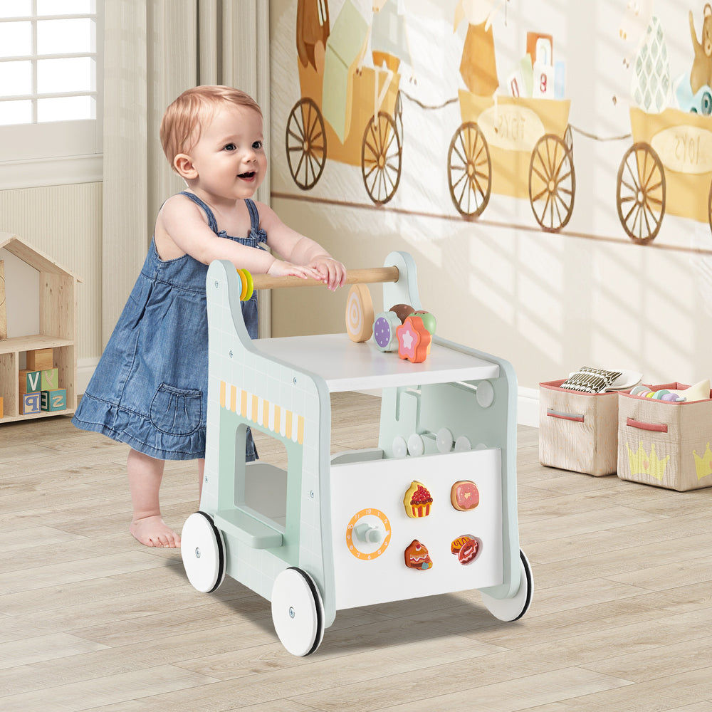 Light green 2-in-1 baby walker with storage, featuring colorful dessert sorter and non-slip wheels for safe play.