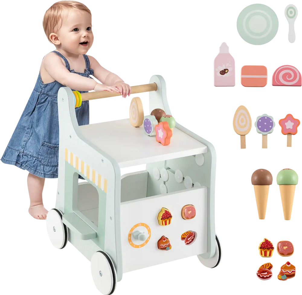 Light green 2-in-1 baby walker with storage and colorful ice creams, designed for imaginative play and cognitive.