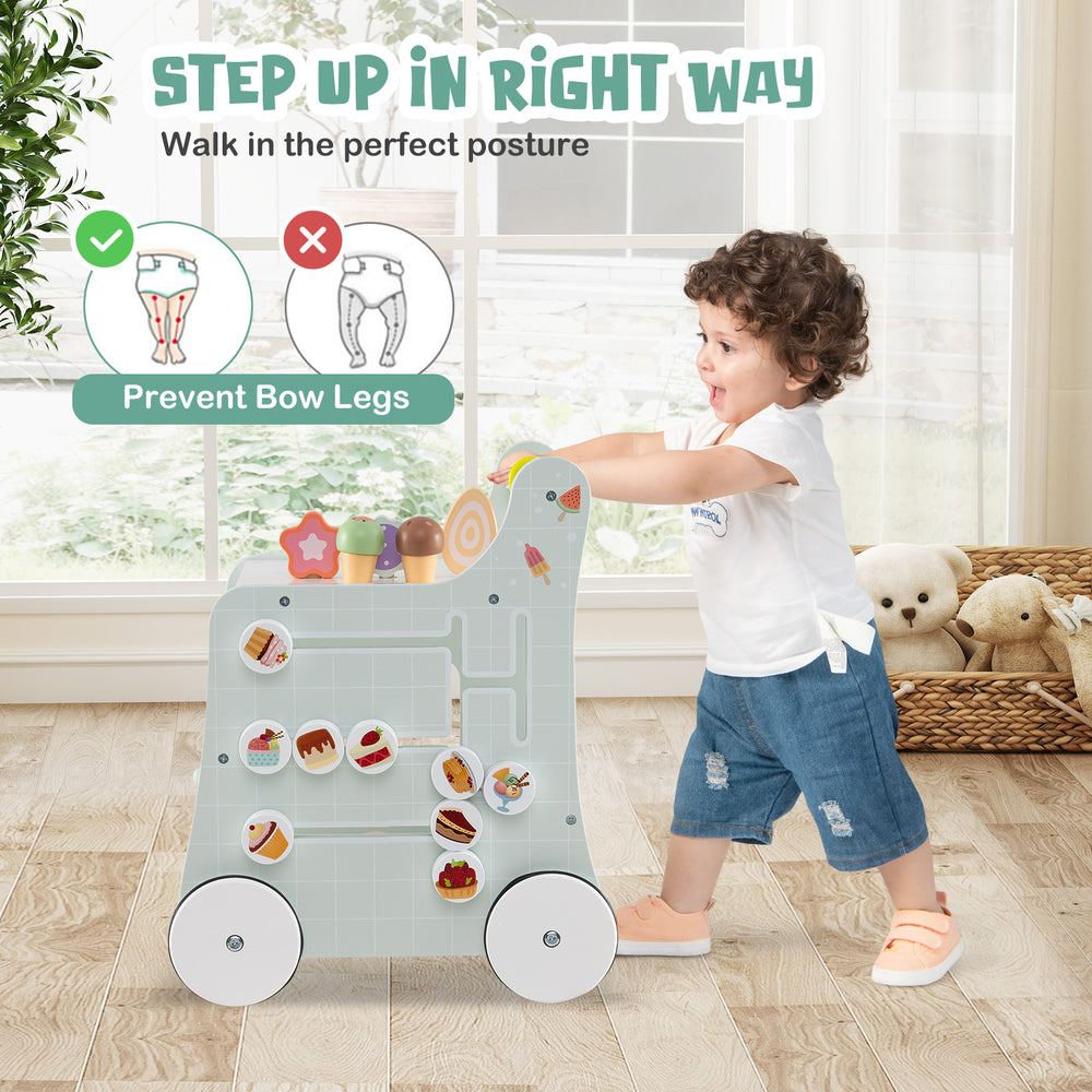 2-in-1 baby walker in light green with storage, ice creams, and non-slip wheels for safe walking and play.